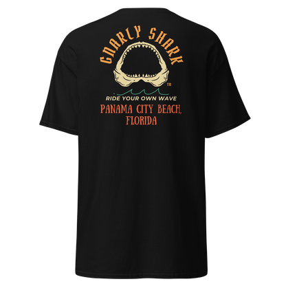 Gnarly Shark Panama City Beach Florida T-Shirt - Front / Back - Gildan classic 5000