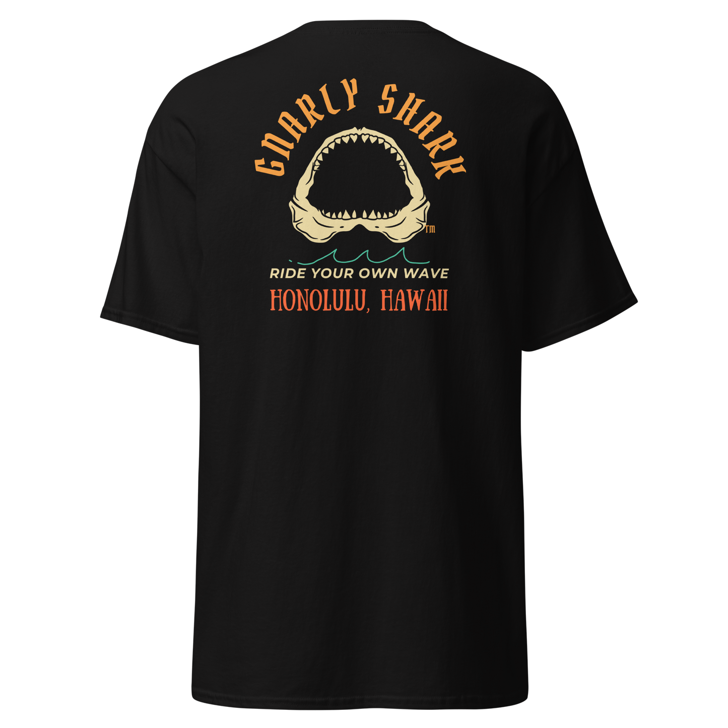 Gnarly Shark Honolulu Hawaii T-Shirt - Front / Back - Gildan classic 5000