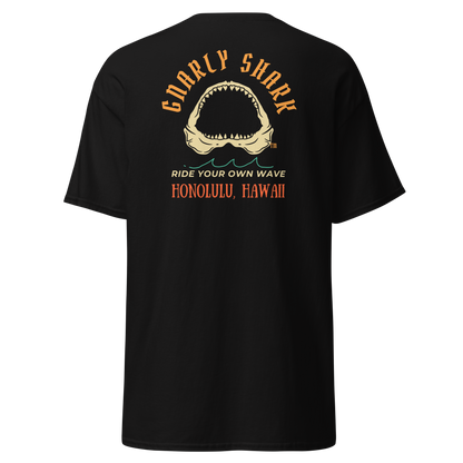 Gnarly Shark Honolulu Hawaii T-Shirt - Front / Back - Gildan classic 5000