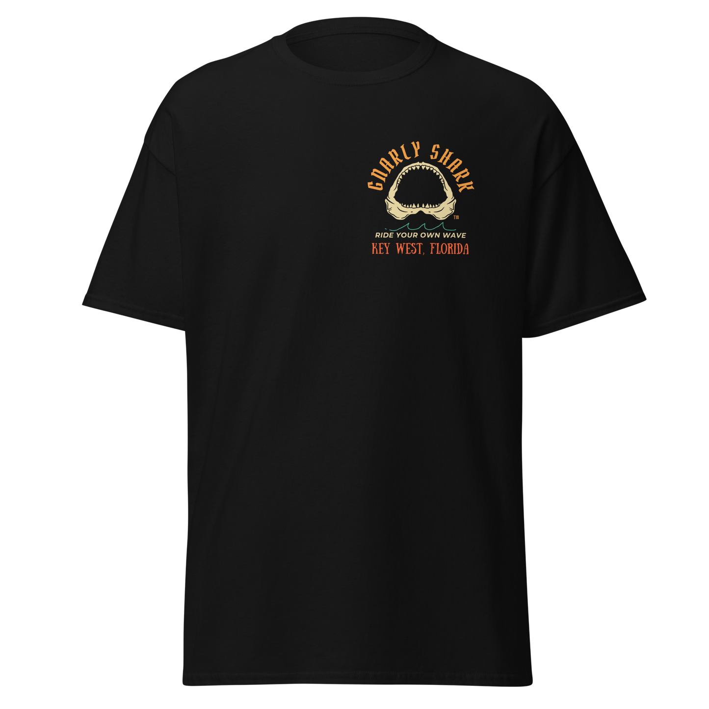 Gnarly Shark Key West Florida T-Shirt - Front / Back - Gildan classic 5000