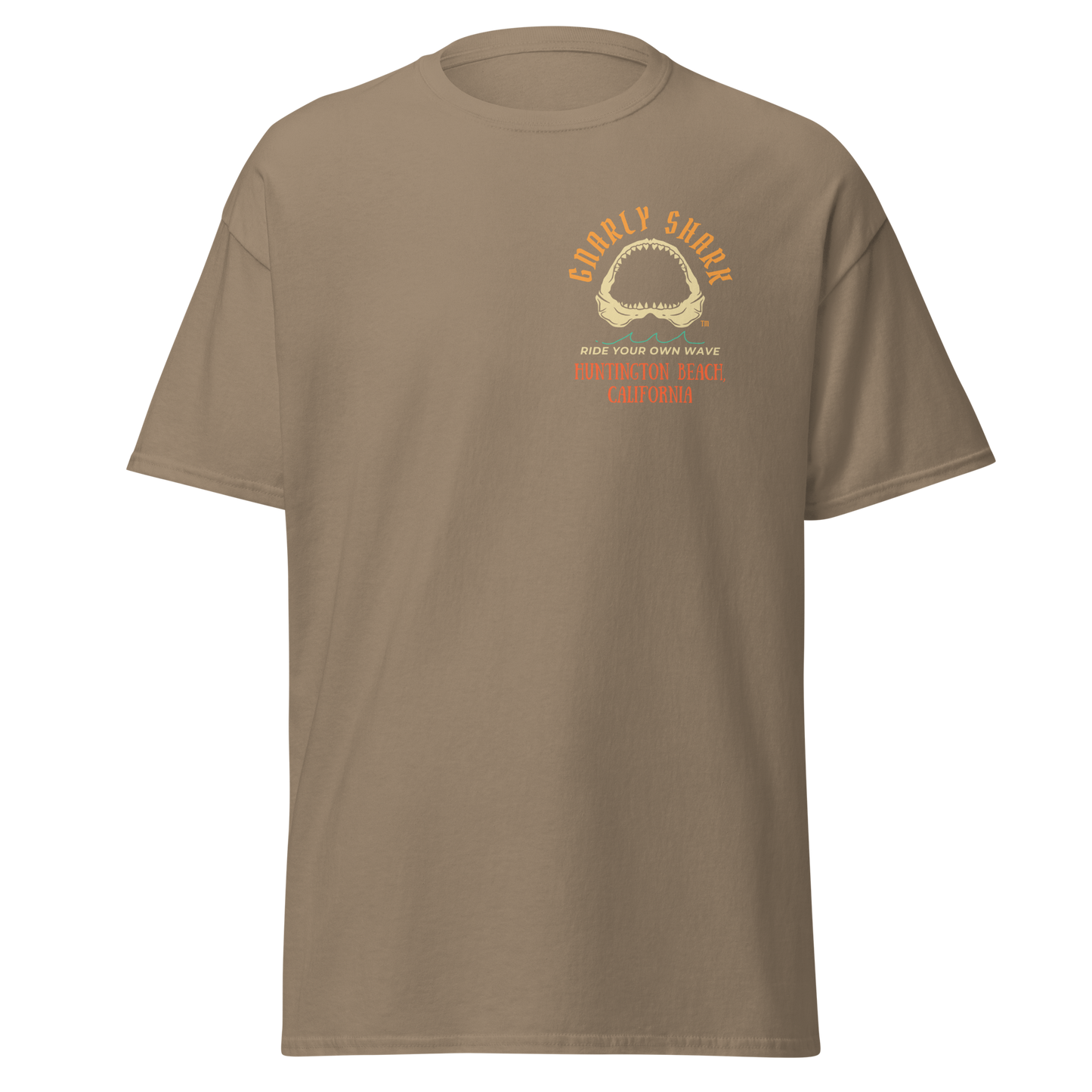 Gnarly Shark Huntington Beach California T-Shirt - Front / Back - Gildan classic 5000