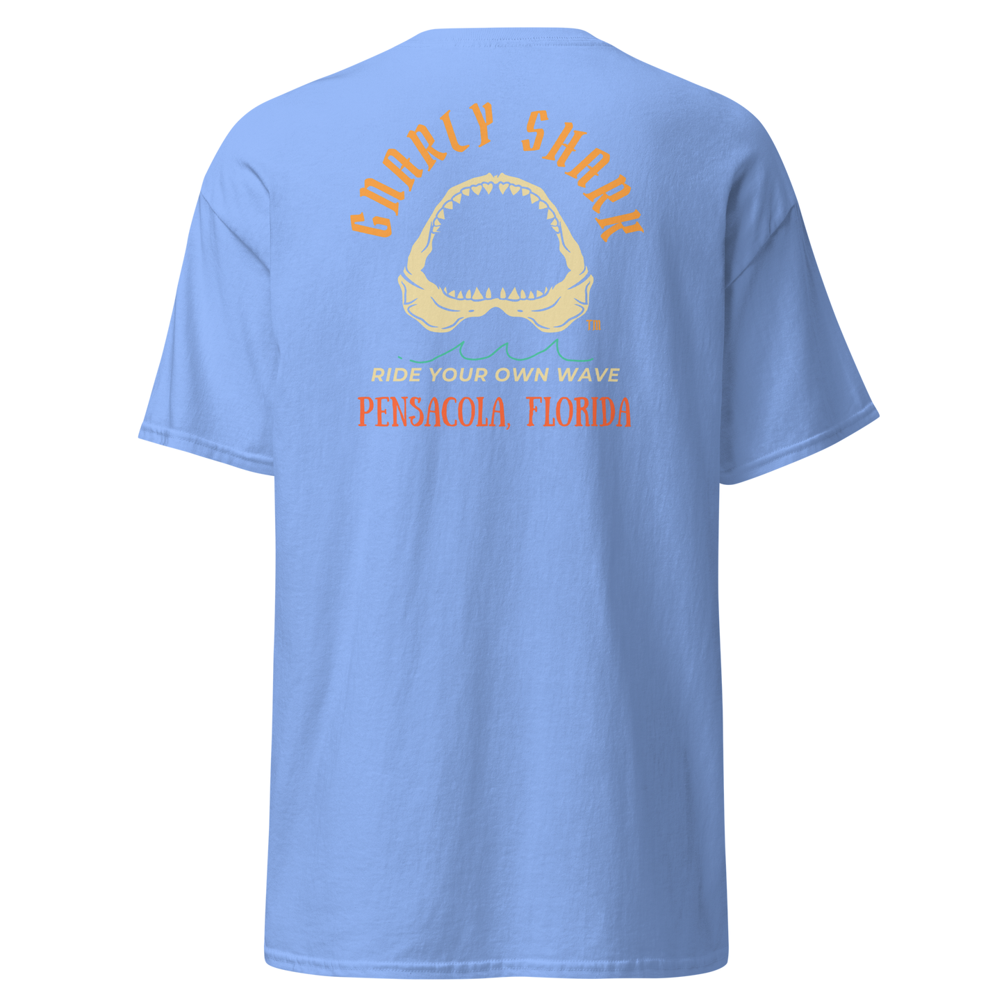 Gnarly Shark Pensacola Florida T-Shirt - Front / Back - Gildan classic 5000