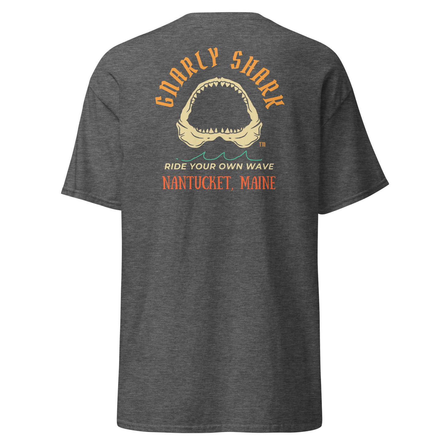 Gnarly Shark Nantucket Maine T-Shirt - Front / Back - Gildan classic 5000