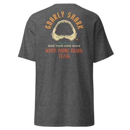 Gnarly Shark South Padre Island Texas T-Shirt - Front / Back - Gildan classic 5000