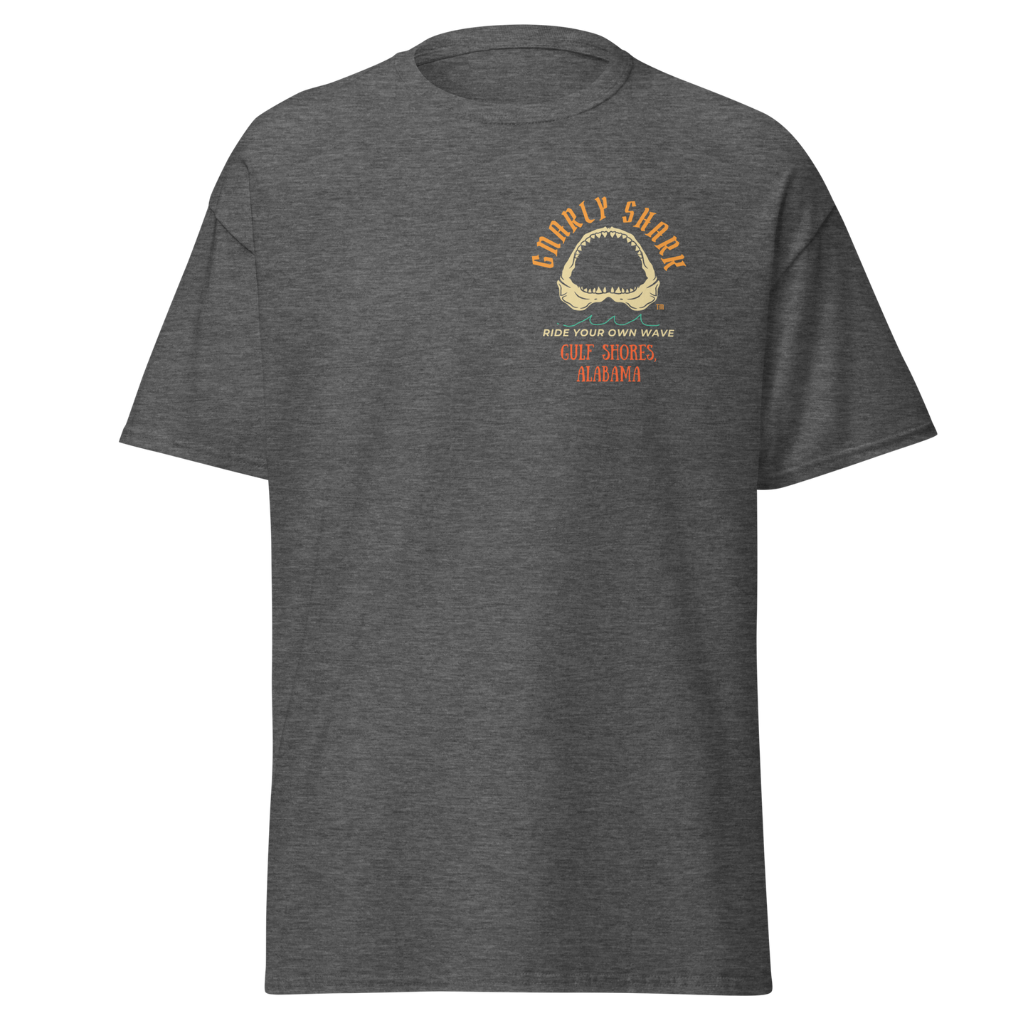 Gnarly Shark Gulf Shores Alabama T- shirt - Front / Back - Gildan classic 5000