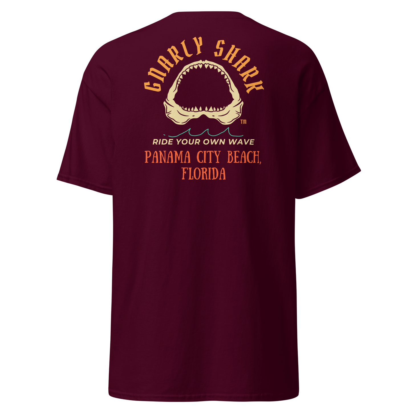 Gnarly Shark Panama City Beach Florida T-Shirt - Front / Back - Gildan classic 5000