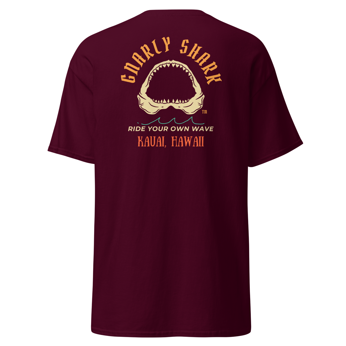 Gnarly Shark Kauai Hawaii T-Shirt - Front / Back - Gildan classic 5000