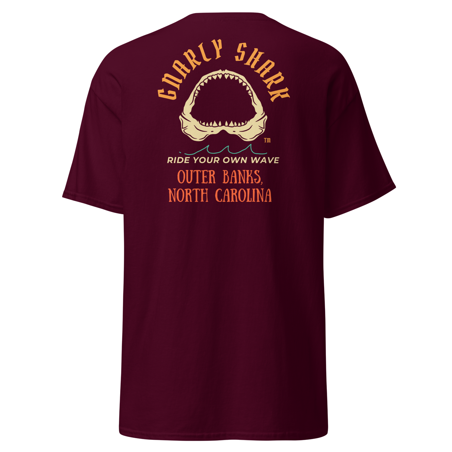 Gnarly Shark Outer Banks North Carolina T-Shirt - Front / Back - Gildan classic 5000
