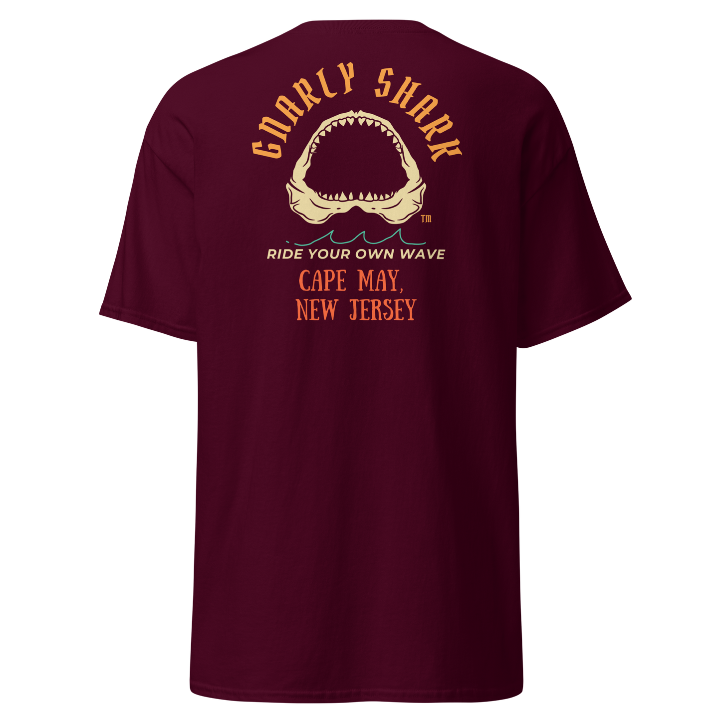 Gnarly Shark Cape May New Jersey T-Shirt - Front / Back - Gildan classic 5000