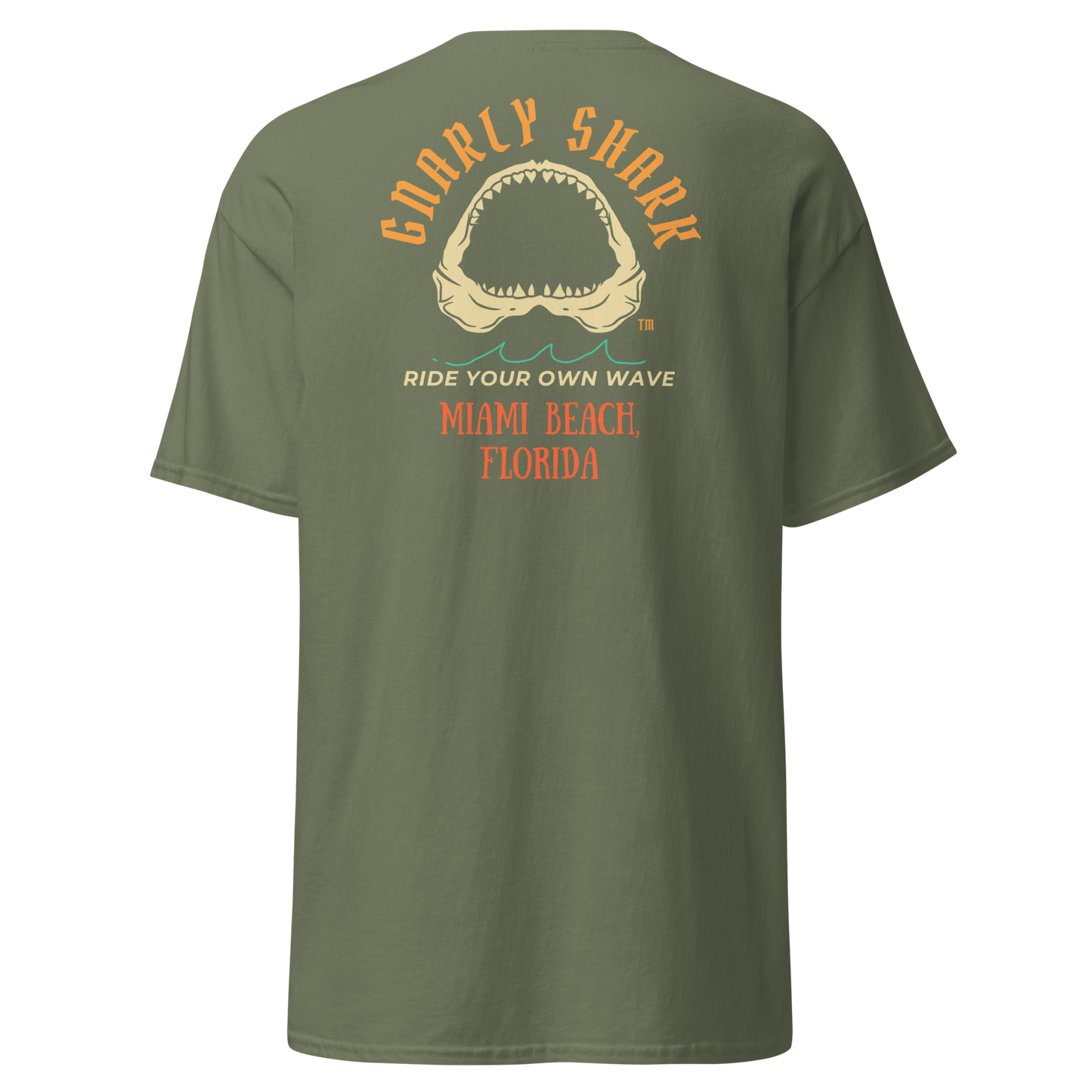 Gnarly Shark Miami Beach Florida T-Shirt - Front / Back - Gildan classic 5000