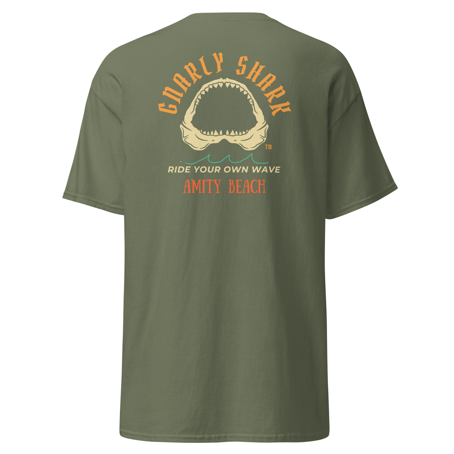 Gnarly Shark Amity Beach T- shirt - Front / Back - Gildan classic 5000