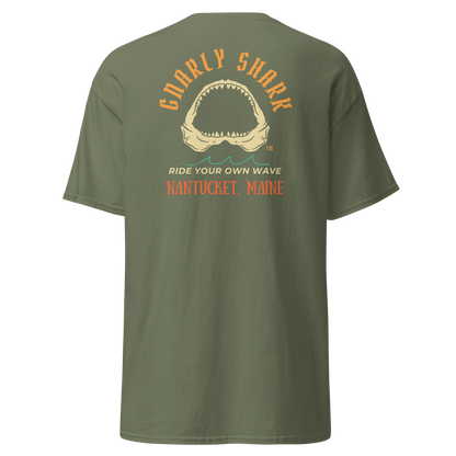 Gnarly Shark Nantucket Maine T-Shirt - Front / Back - Gildan classic 5000