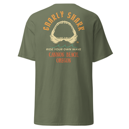 Gnarly Shark Cannon Beach Oregon T-Shirt - Front / Back - Gildan classic 5000