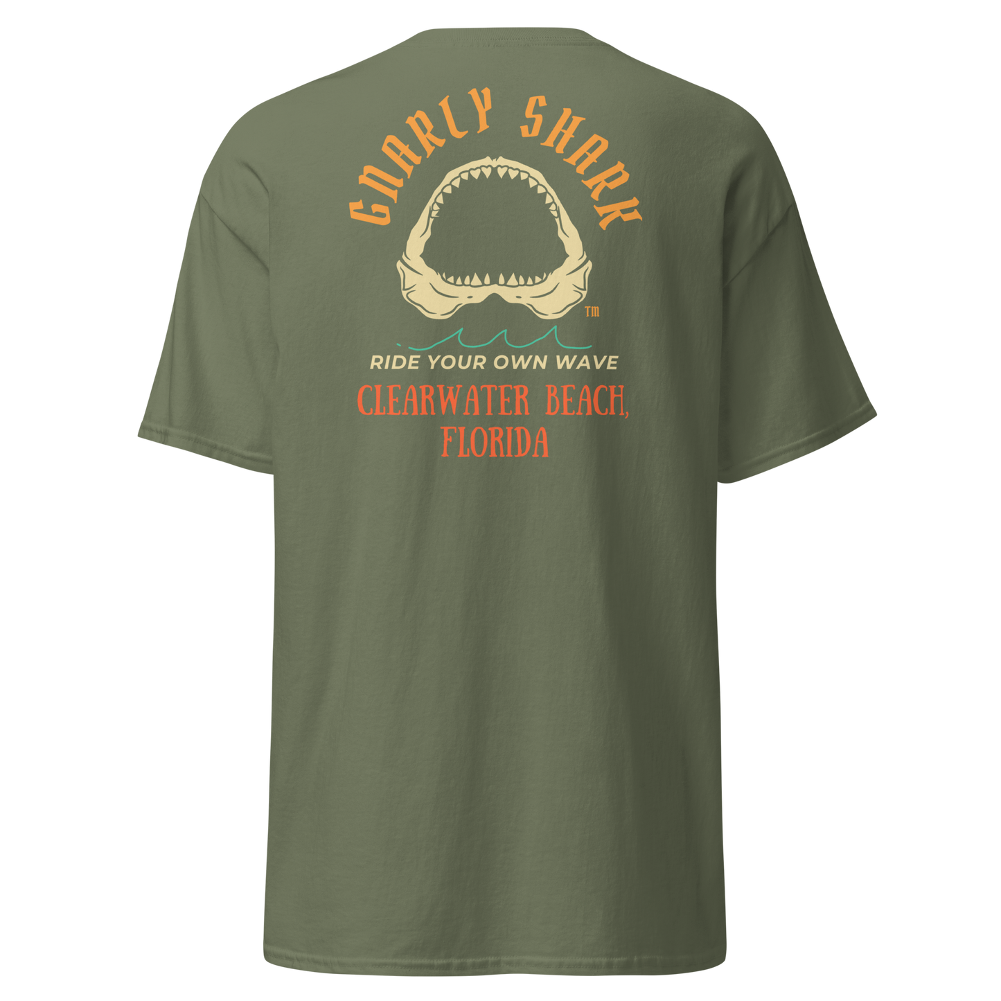 Gnarly Shark Clearwater Beach Florida T-Shirt - Front / Back - Gildan classic 5000