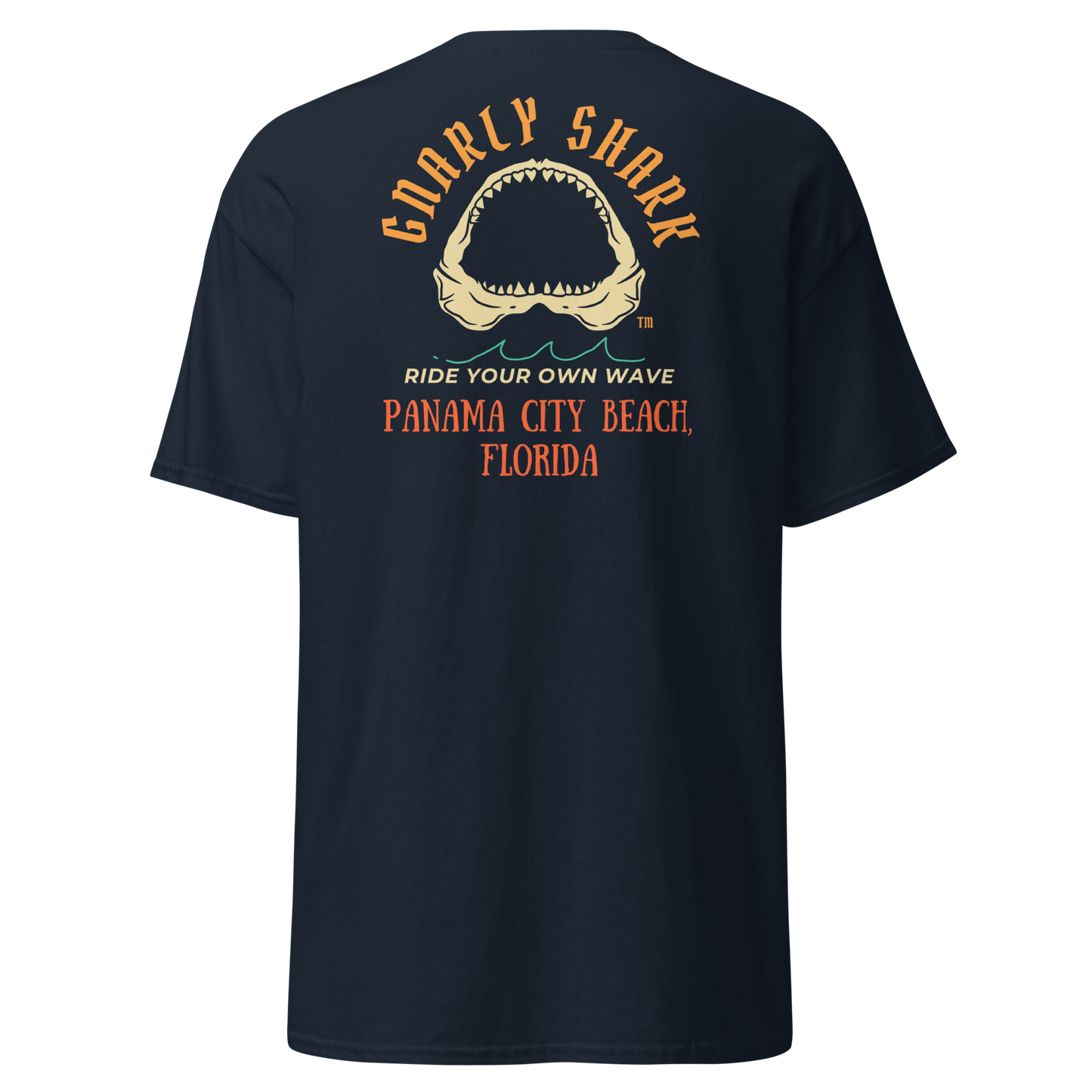 Gnarly Shark Panama City Beach Florida T-Shirt - Front / Back - Gildan classic 5000