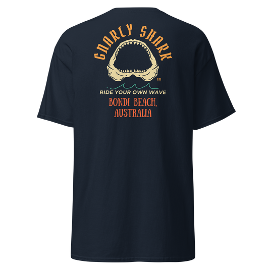 Gnarly Shark Bondi Beach Australia T-Shirt - Front / Back - Gildan classic 5000