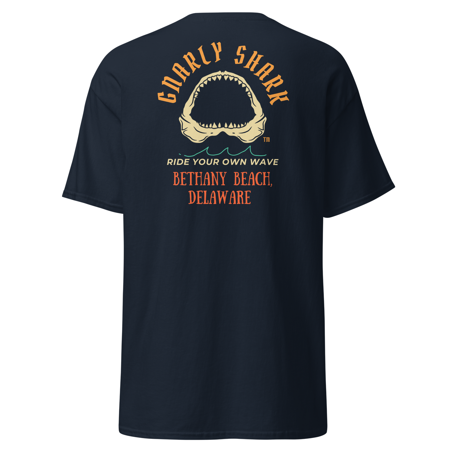 Gnarly Shark Bethany Beach Delaware T-Shirt - Front / Back - Gildan classic 5000