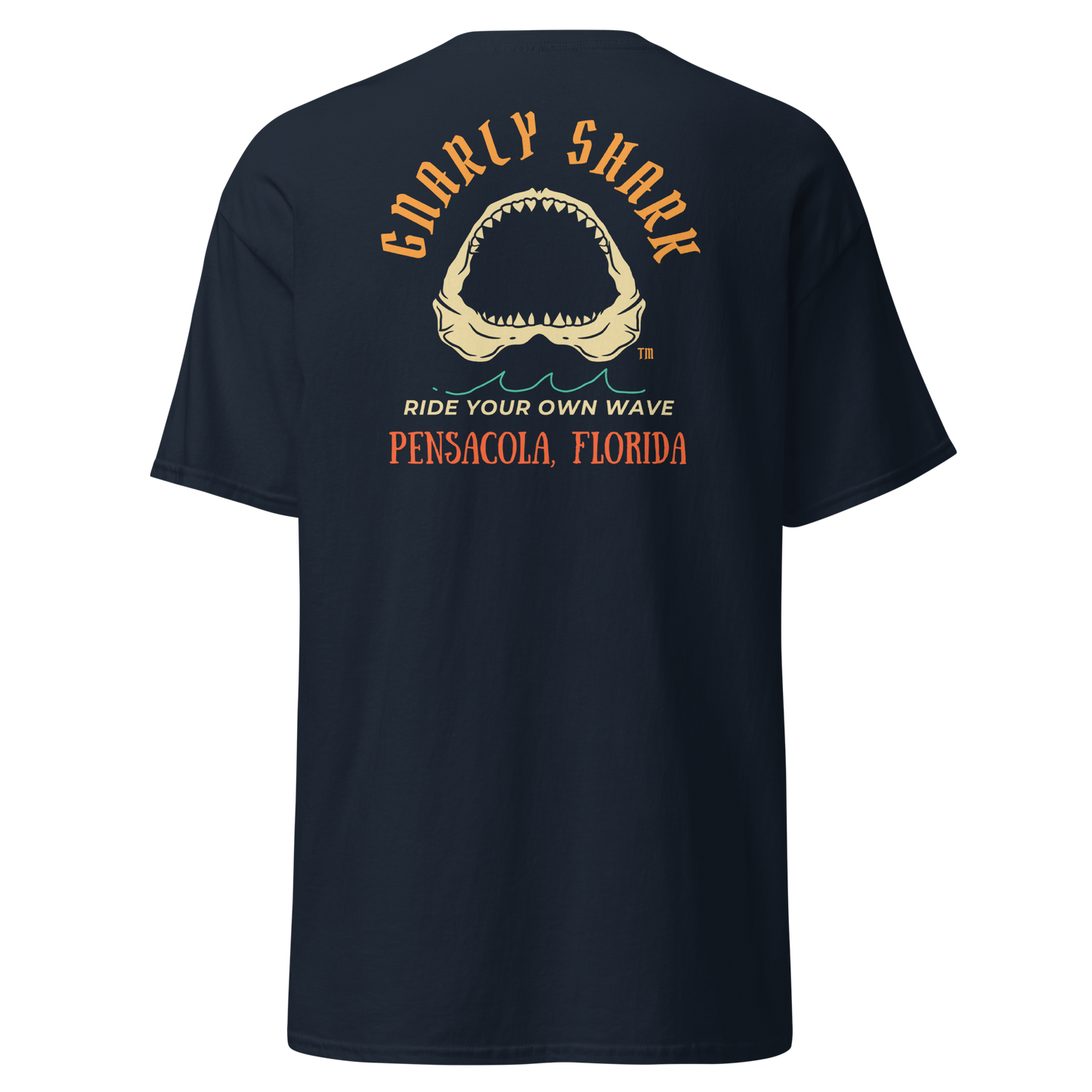 Gnarly Shark Pensacola Florida T-Shirt - Front / Back - Gildan classic 5000
