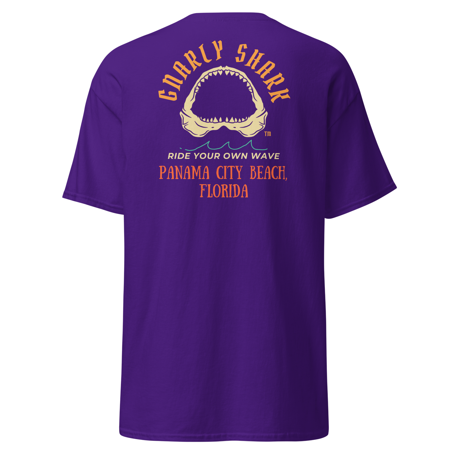 Gnarly Shark Panama City Beach Florida T-Shirt - Front / Back - Gildan classic 5000