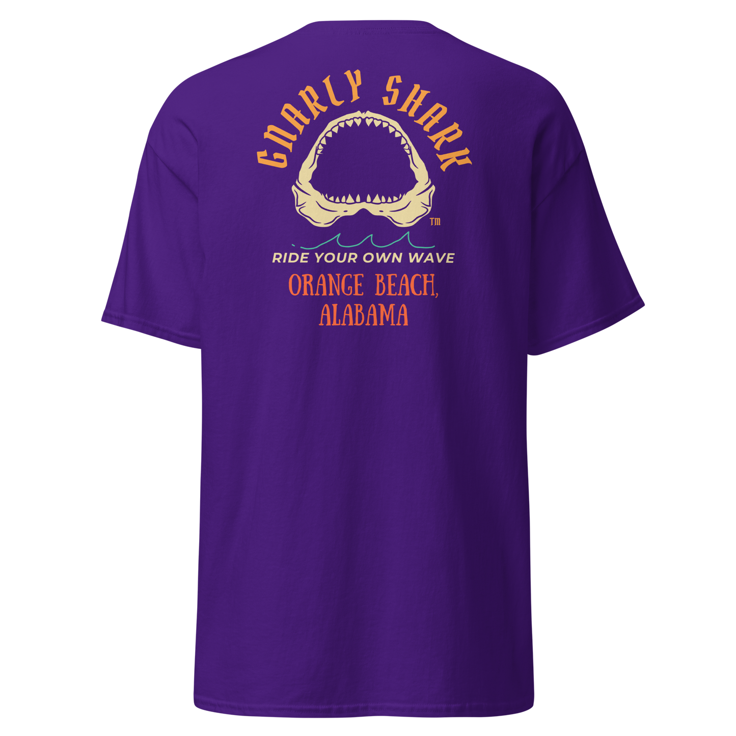 Gnarly Shark Orange Beach Alabama T-Shirt - Front / Back - Gildan classic 5000