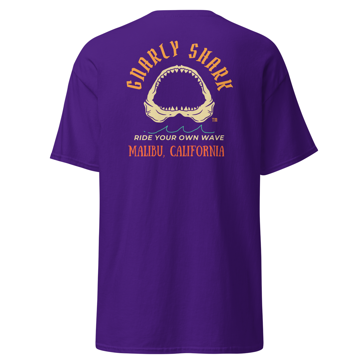 Gnarly Shark Malibu California T-Shirt - Front / Back - Gildan classic 5000