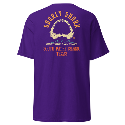 Gnarly Shark South Padre Island Texas T-Shirt - Front / Back - Gildan classic 5000