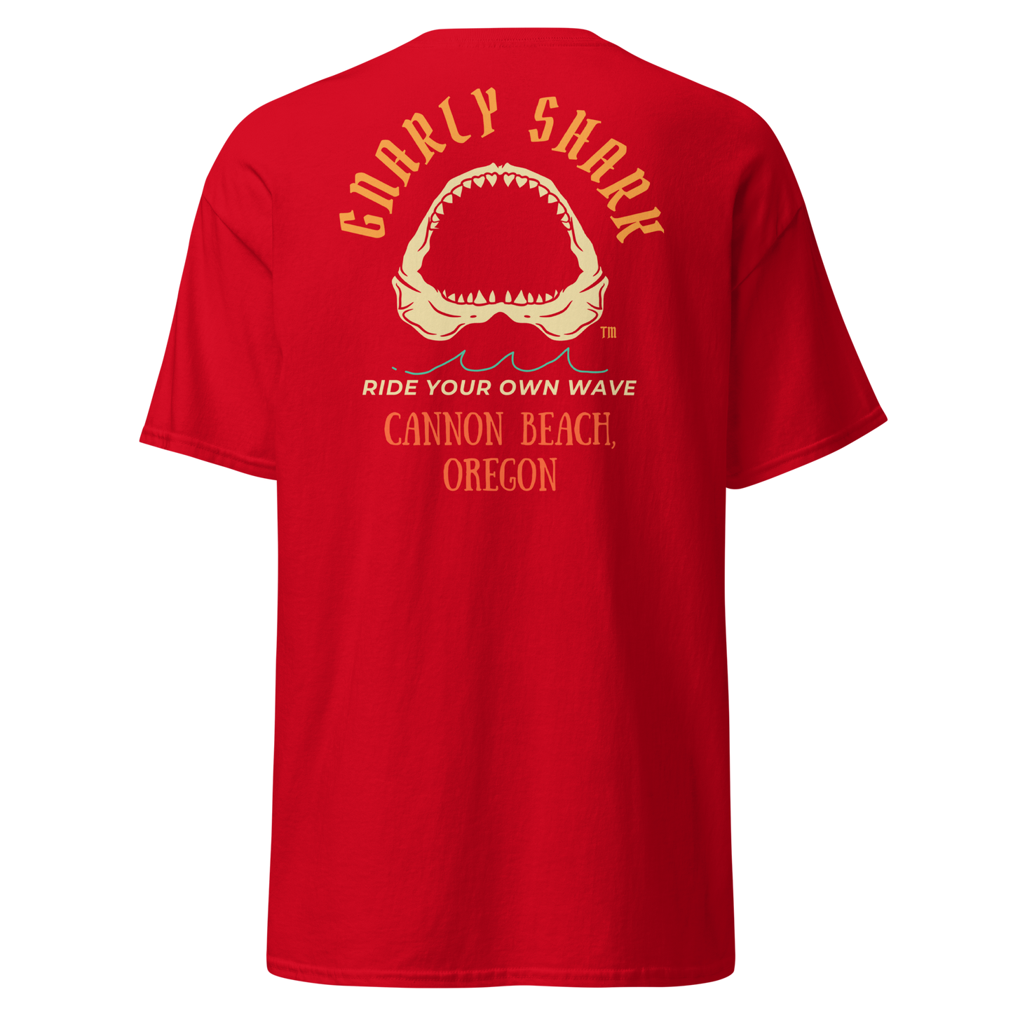 Gnarly Shark Cannon Beach Oregon T-Shirt - Front / Back - Gildan classic 5000