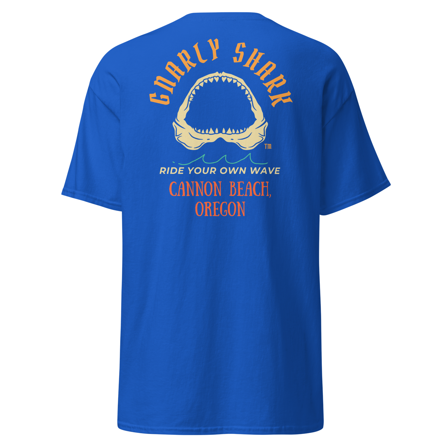 Gnarly Shark Cannon Beach Oregon T-Shirt - Front / Back - Gildan classic 5000