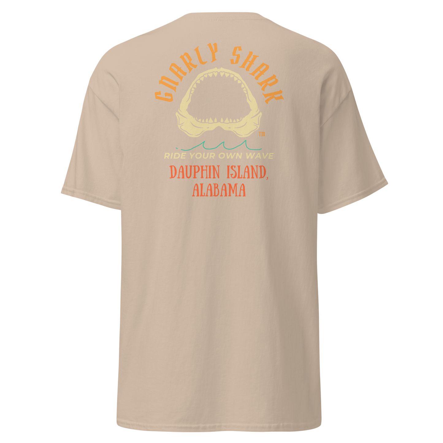 Gnarly Shark Dauphin Island Alabama T-Shirt - Front / Back - Gildan classic 5000