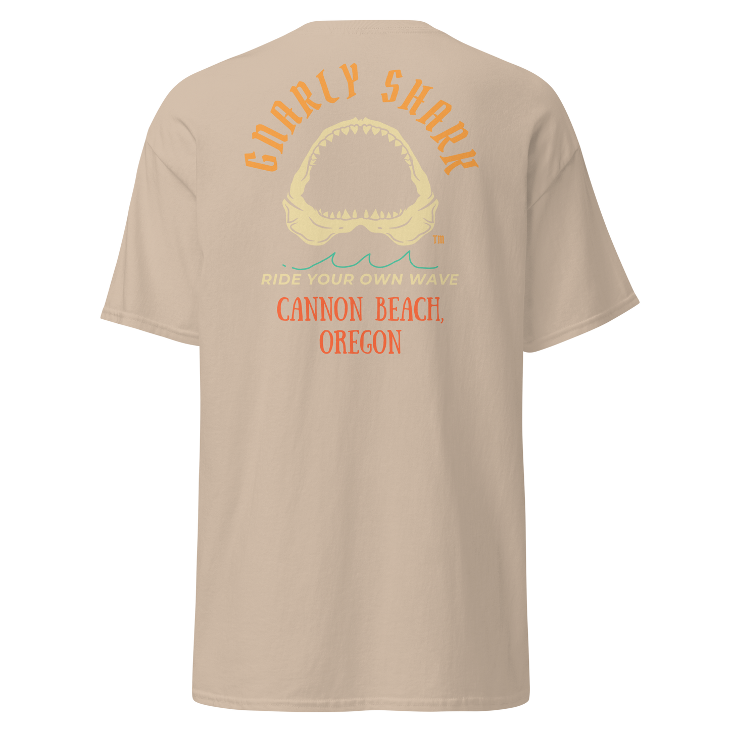 Gnarly Shark Cannon Beach Oregon T-Shirt - Front / Back - Gildan classic 5000