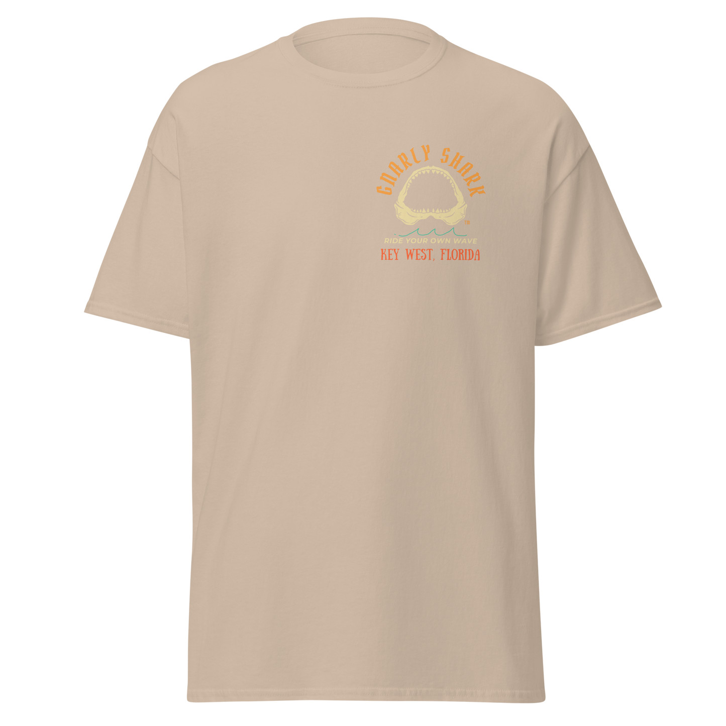 Gnarly Shark Key West Florida T-Shirt - Front / Back - Gildan classic 5000