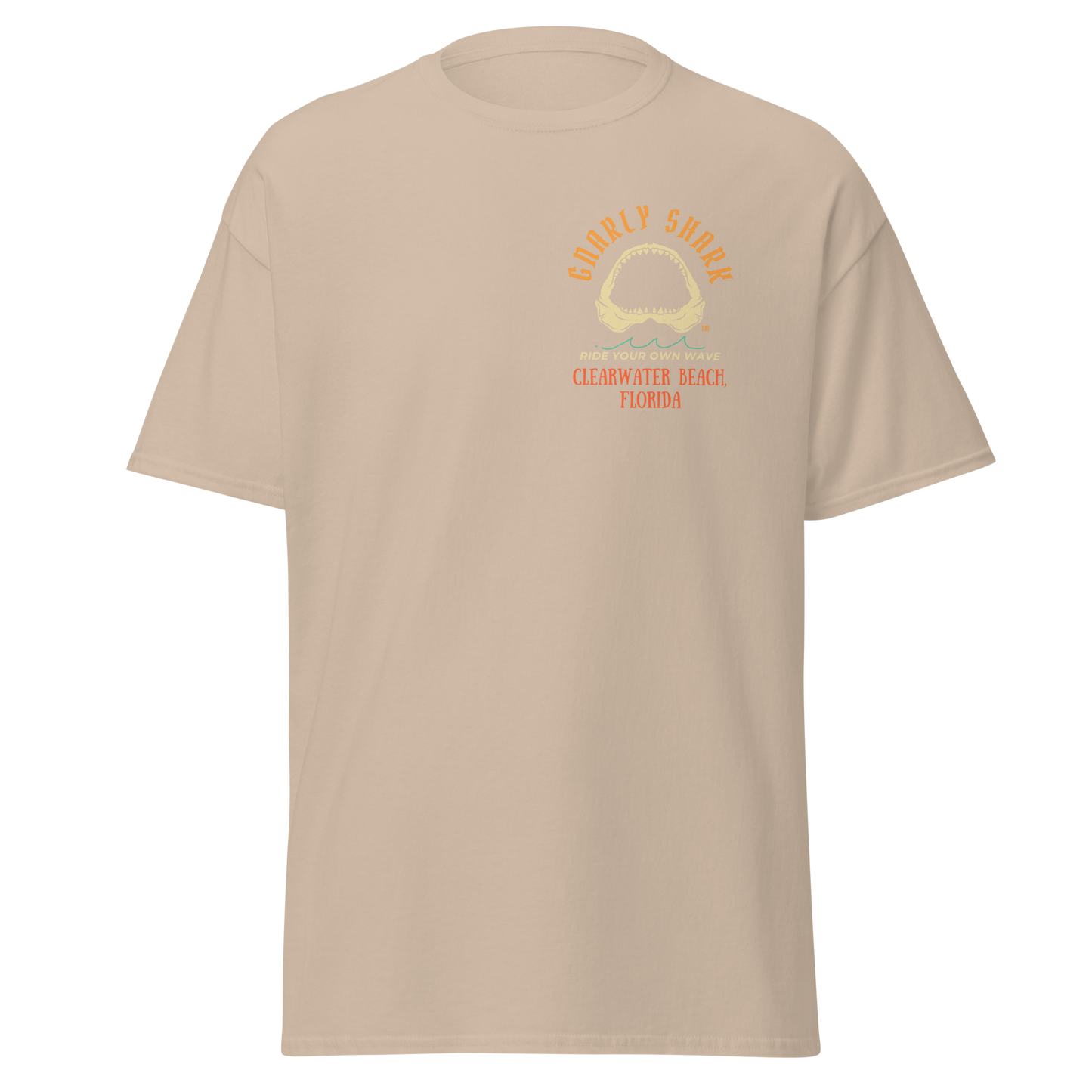 Gnarly Shark Clearwater Beach Florida T-Shirt - Front / Back - Gildan classic 5000