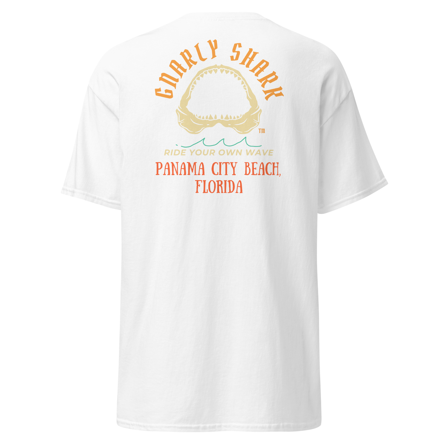 Gnarly Shark Panama City Beach Florida T-Shirt - Front / Back - Gildan classic 5000