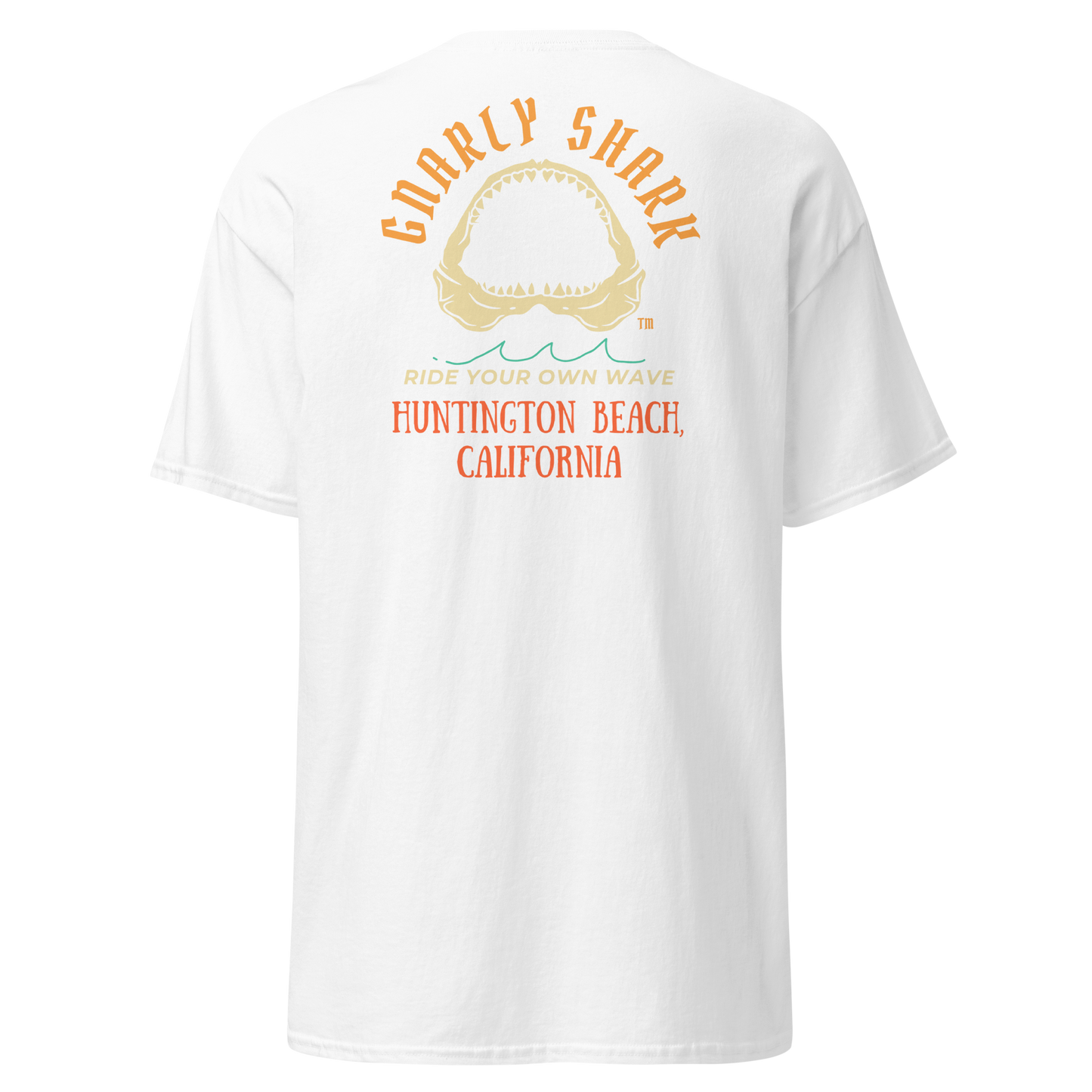 Gnarly Shark Huntington Beach California T-Shirt - Front / Back - Gildan classic 5000