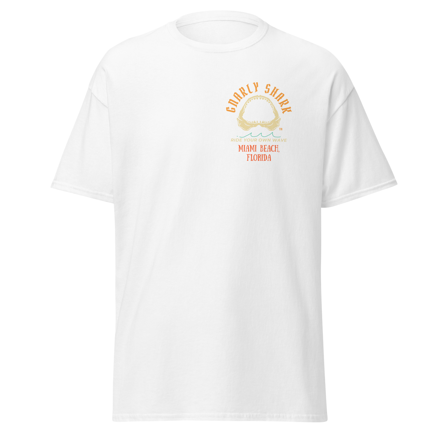 Gnarly Shark Miami Beach Florida T-Shirt - Front / Back - Gildan classic 5000